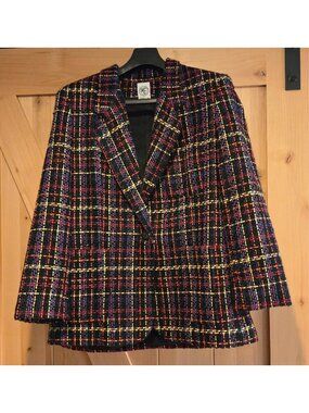 Textured Blazer Womens 16 Black Woven Tweed Hipster Rainbow Retro Jacket Vtg